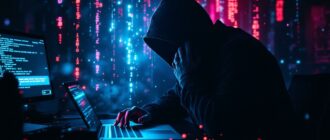 A visual representation of cyber security threats, focusing on vishing and smishing scams with a shadowy figure on a phone and a glowing fake message.