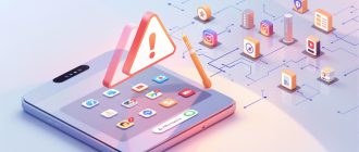Схематическое изображение: пользователь смартфона на фоне нескольких фейковых иконок приложений и предупреждающих сигналов безопасности